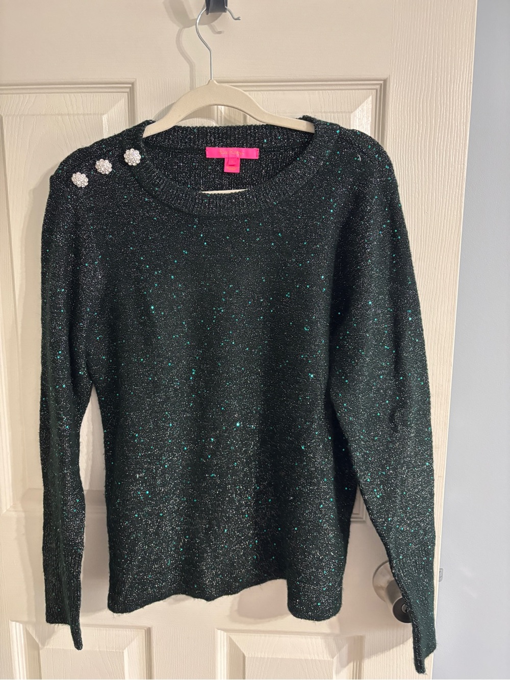 Lilly Pulitzer Emerald Sequin Sweater with Rhinestone Buttons